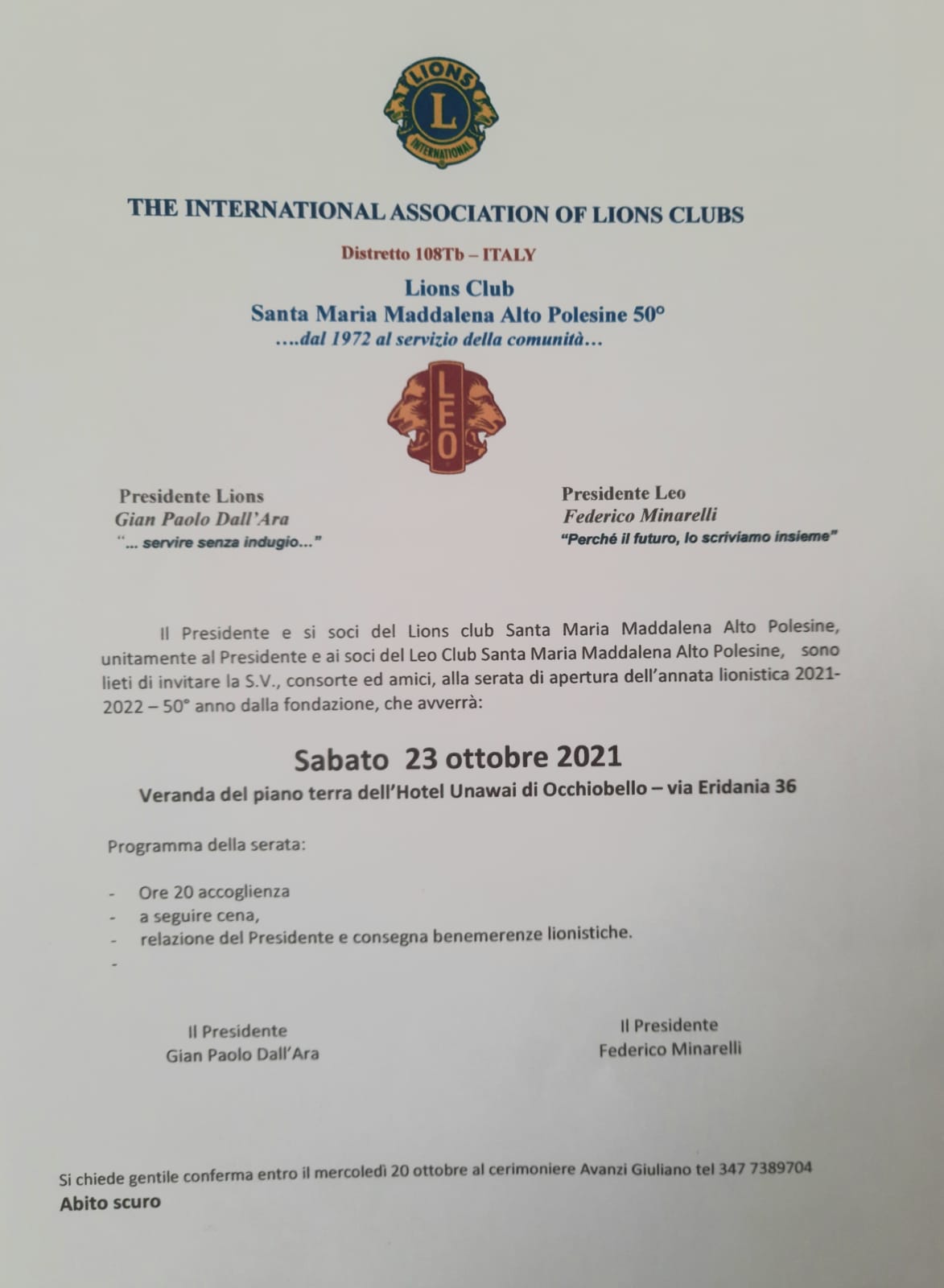 Apertura Lions Club Santa Maria Maddalena Alto Polesine 50°